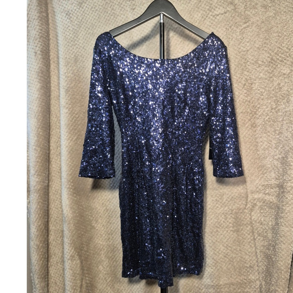 Lulus Navy Blue Sequin Bodycon Dress 3/4 Sleeve Low Back Cocktail Mini NWT